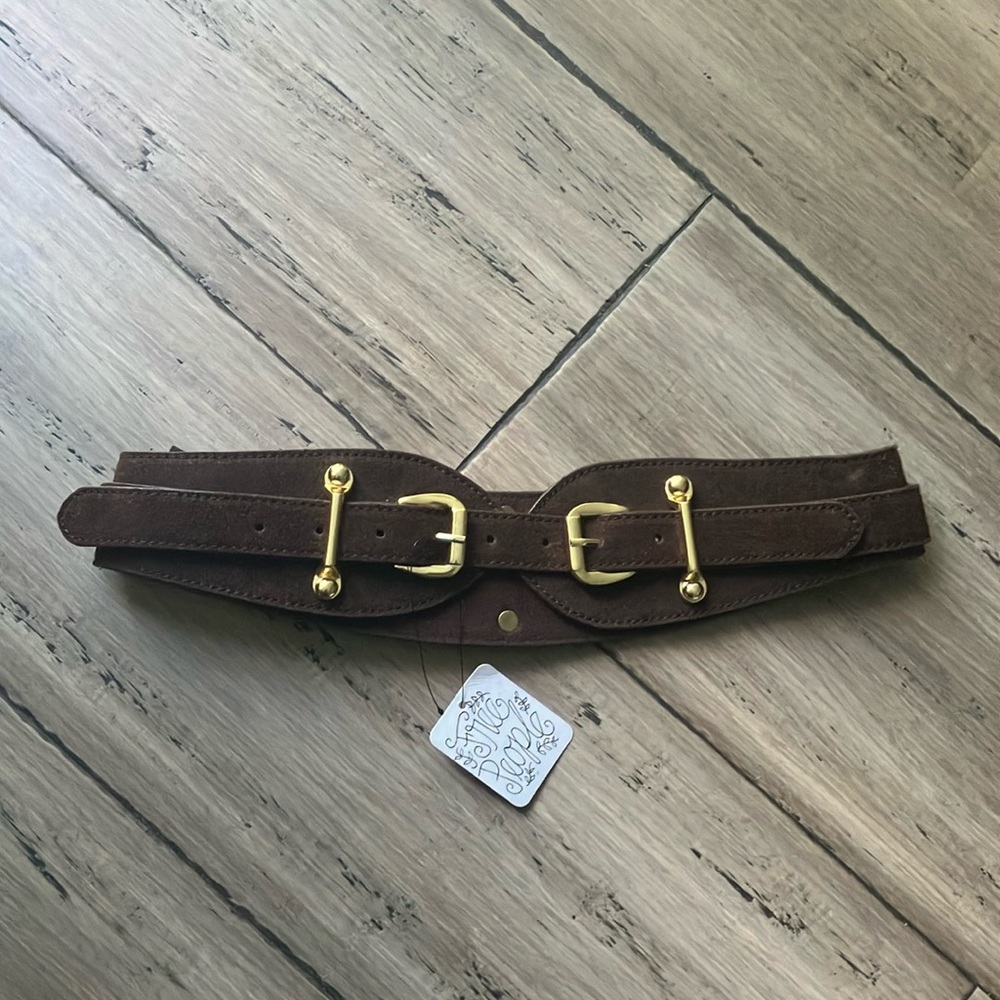 Free People Chocolate Gold Suede Corset Western Bit Double Buckle Belt S/M